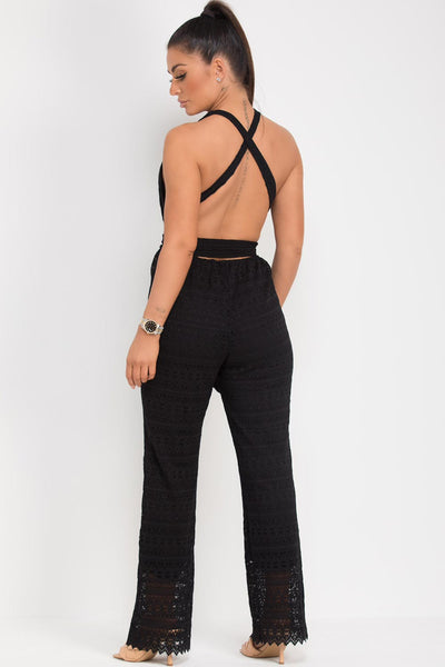 Wide Leg Backless Jumpsuit, Black Strappy Jumpsuit for Occasion