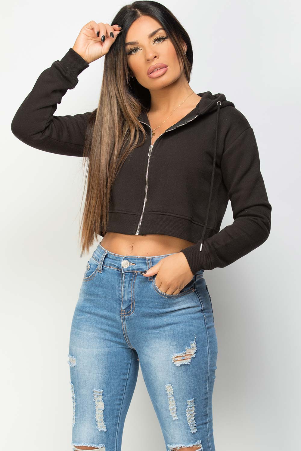 cropped zip up hoodie black