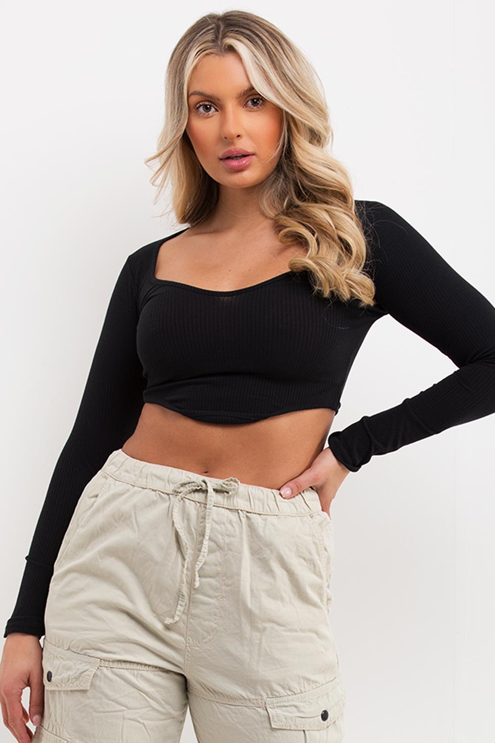 black ribbed long sleeve crop top with dip hem