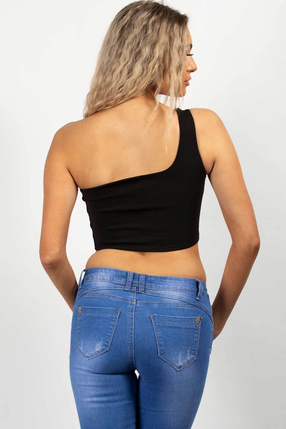 black festival one shoulder crop top