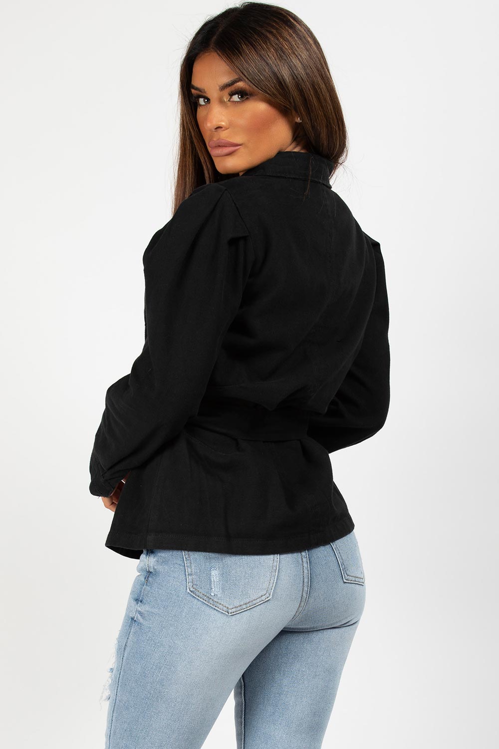 black puff sleeve short denim jacket styledup fashion