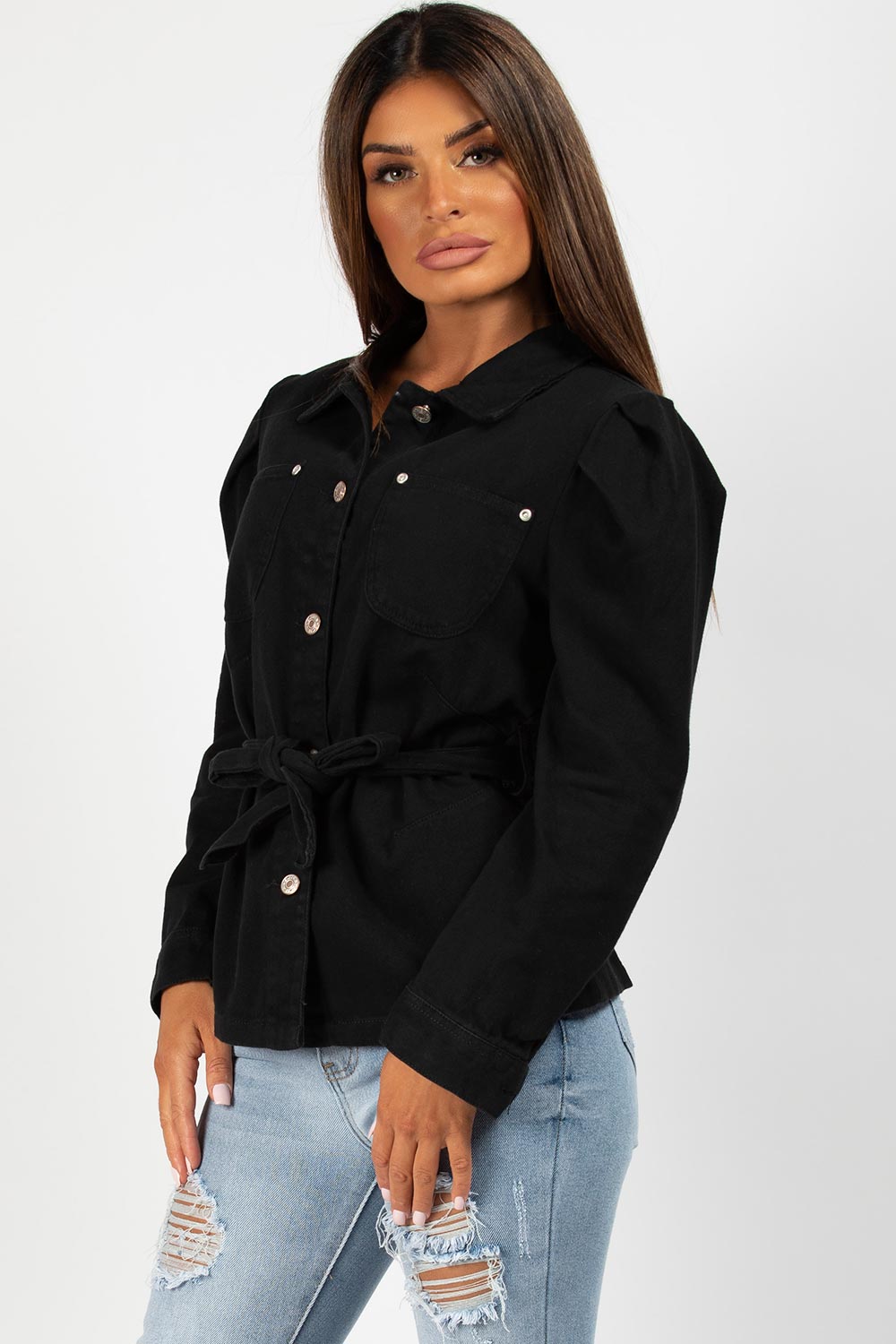 puff sleeve denim jacket black