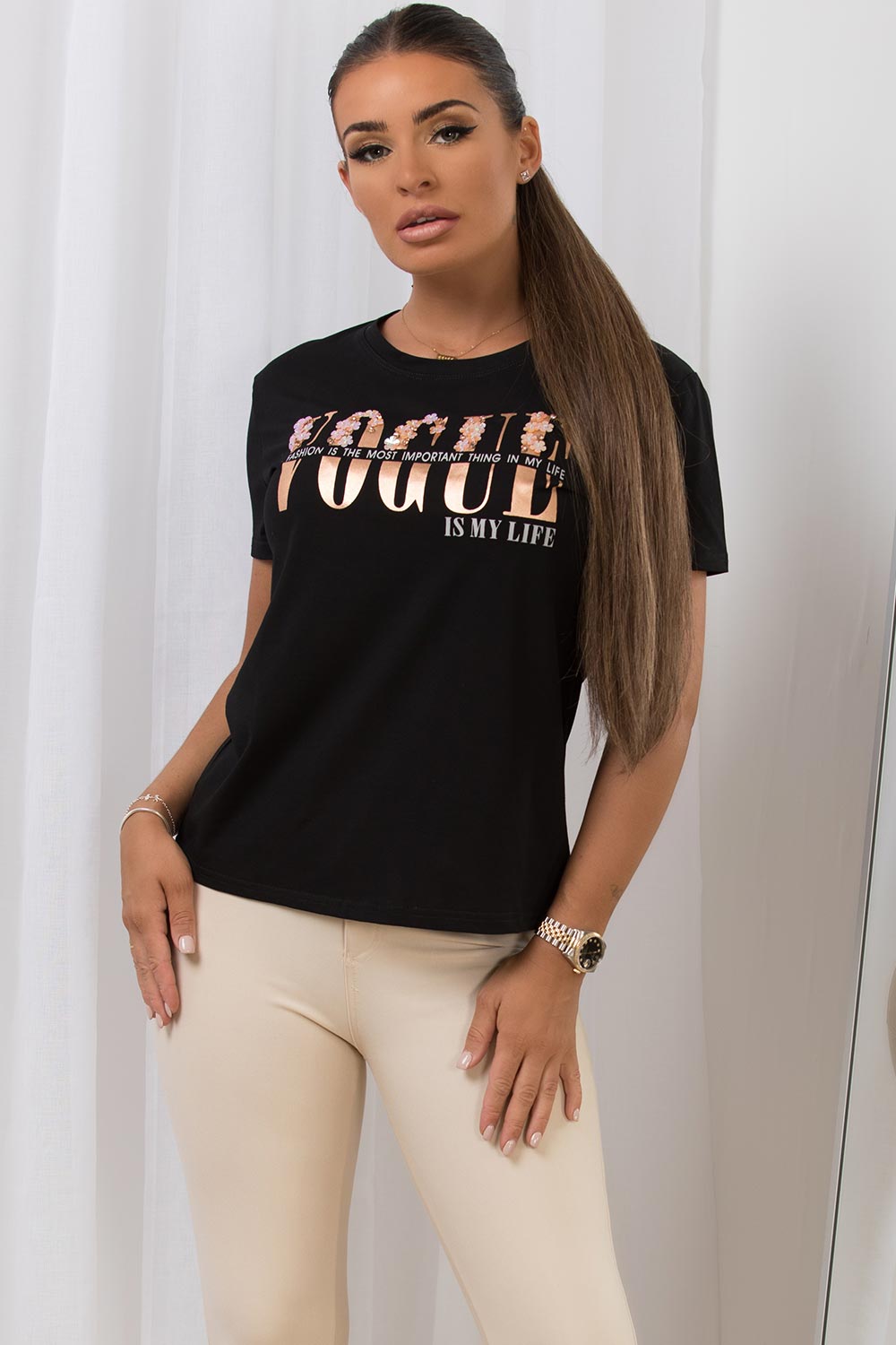 womens black t shirt with vogue slogan diamante detail