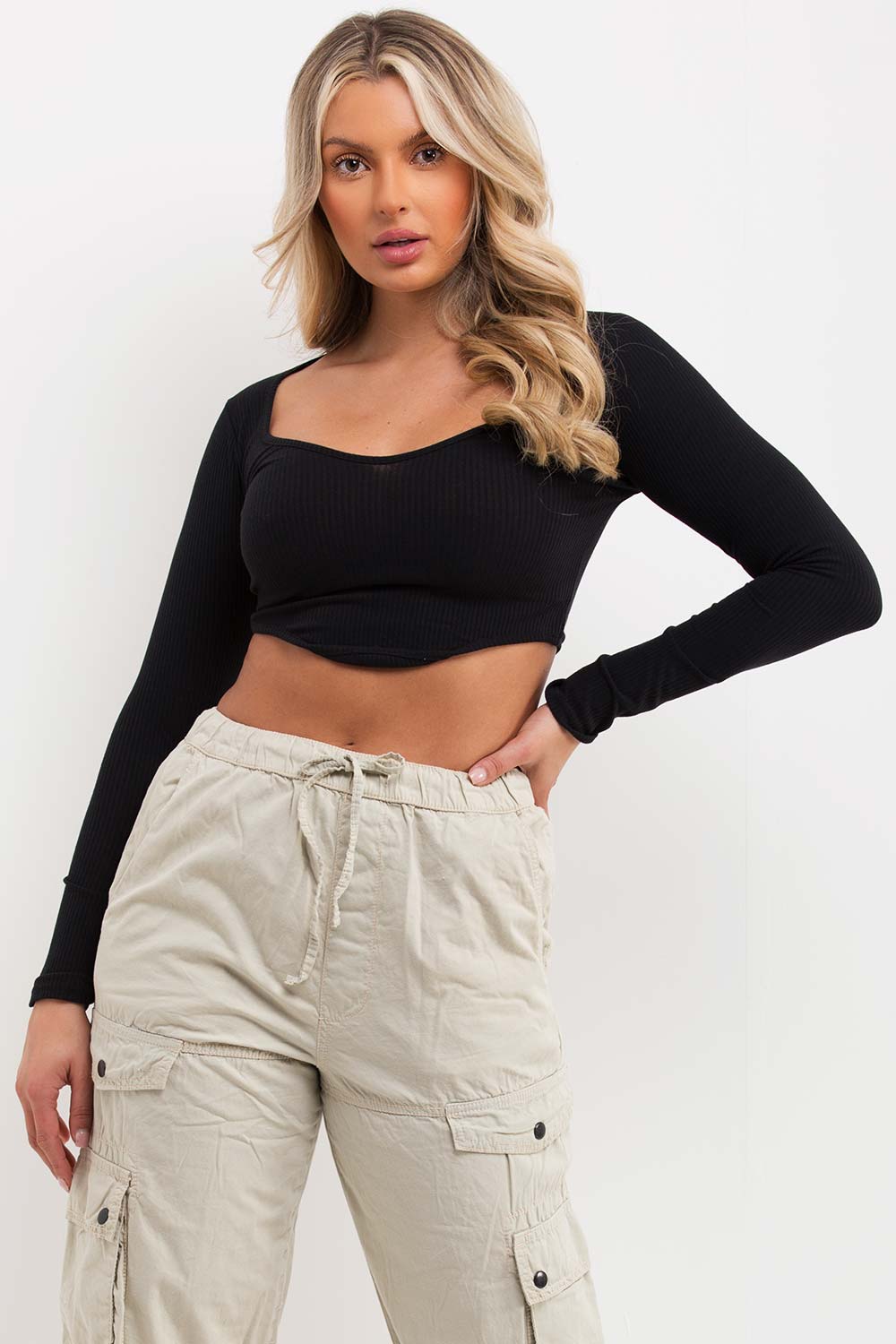 black crop top with long sleeves