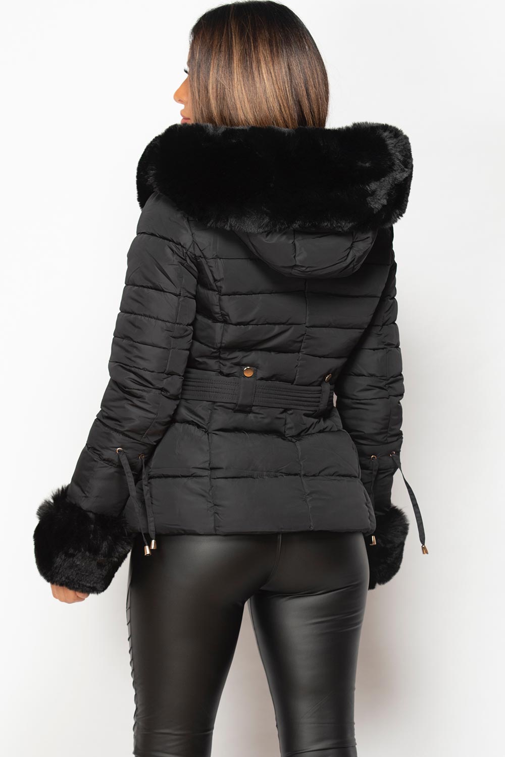 black padded puffer jacket with faux fur hood