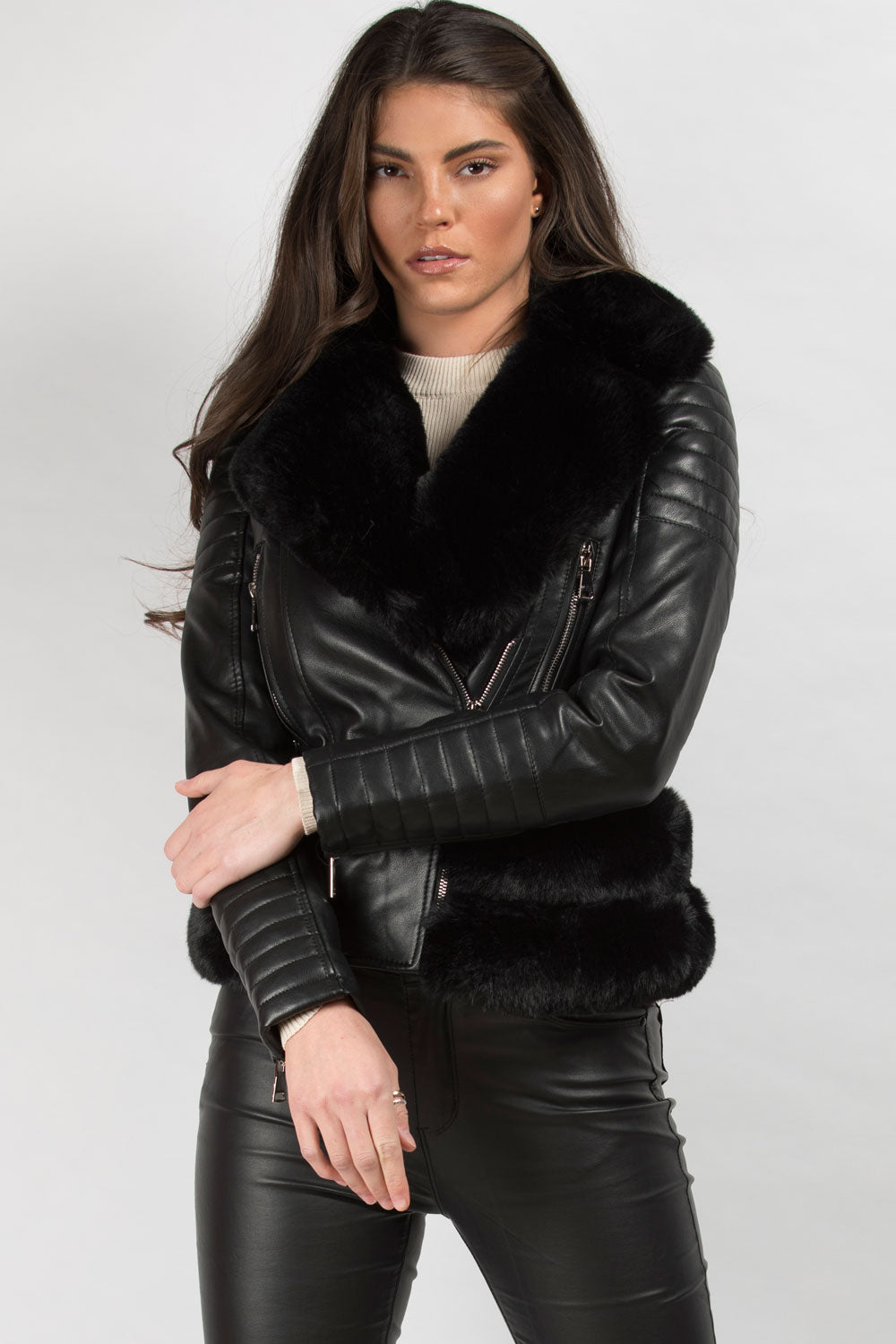black faux fur belted biker jacket
