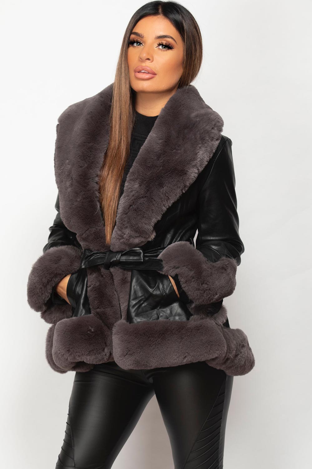 faux fur faux leather belted jacket womens