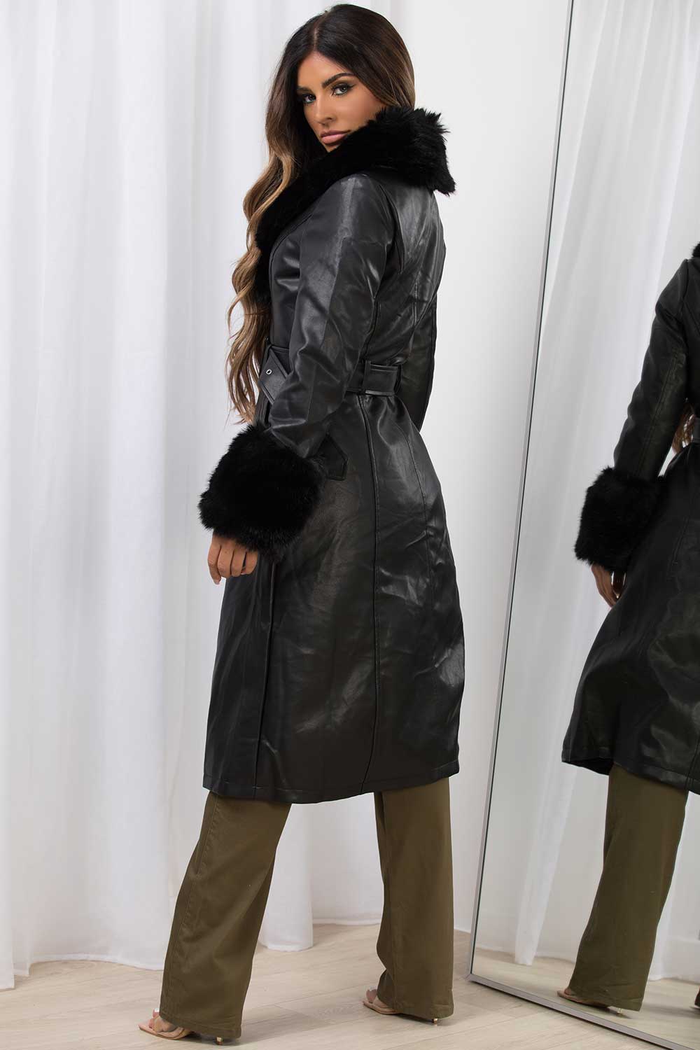 long faux leather faux fur trim jacket with belt black
