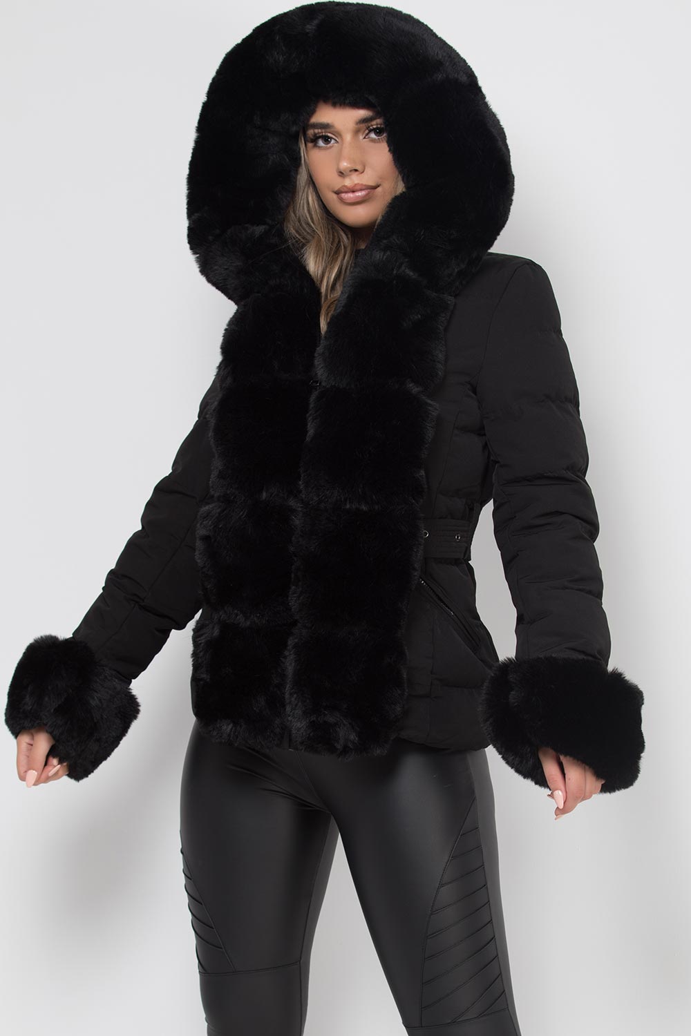 puffer jacket with faux fur hood cuff trim black