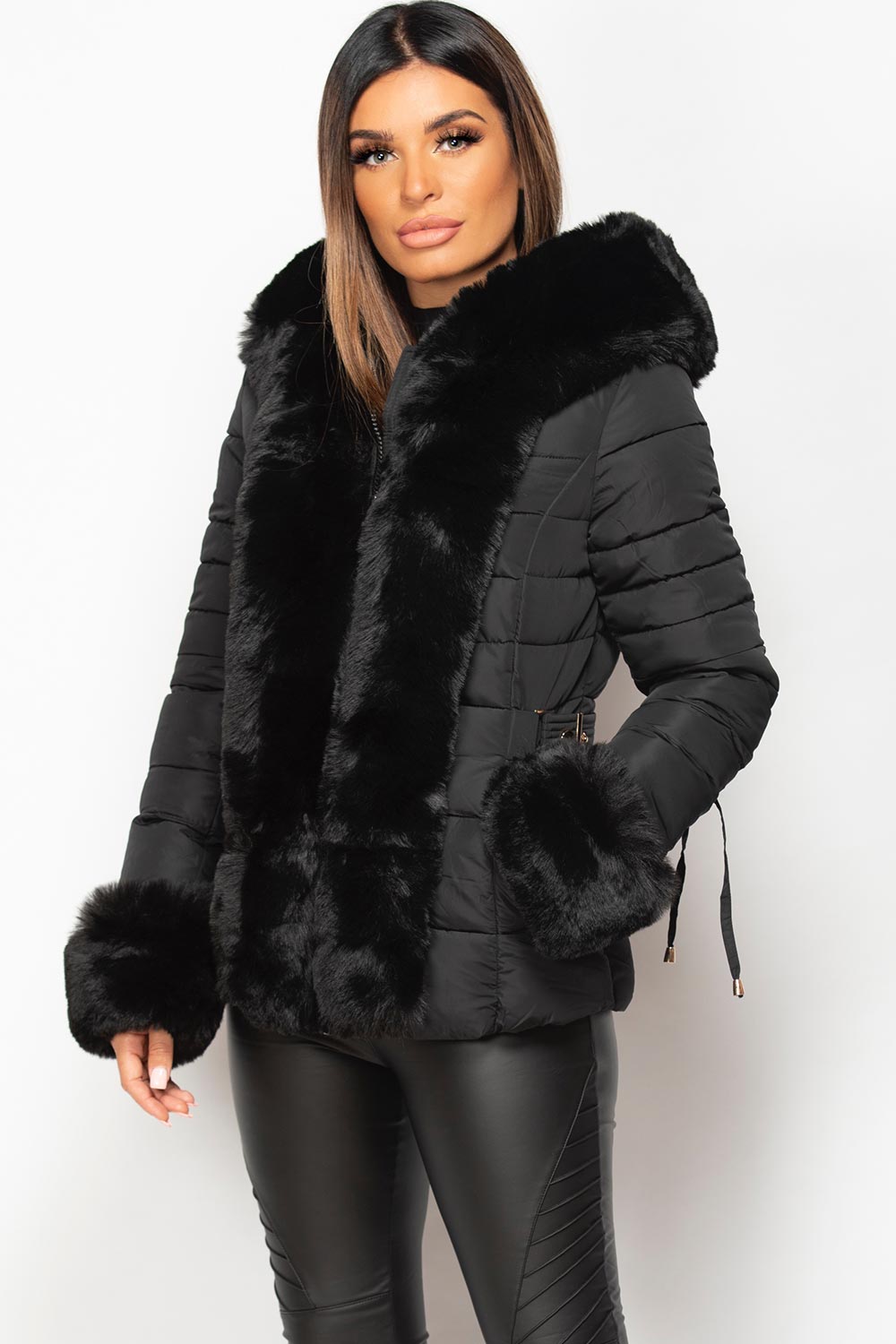 black faux fur hood puffer coat