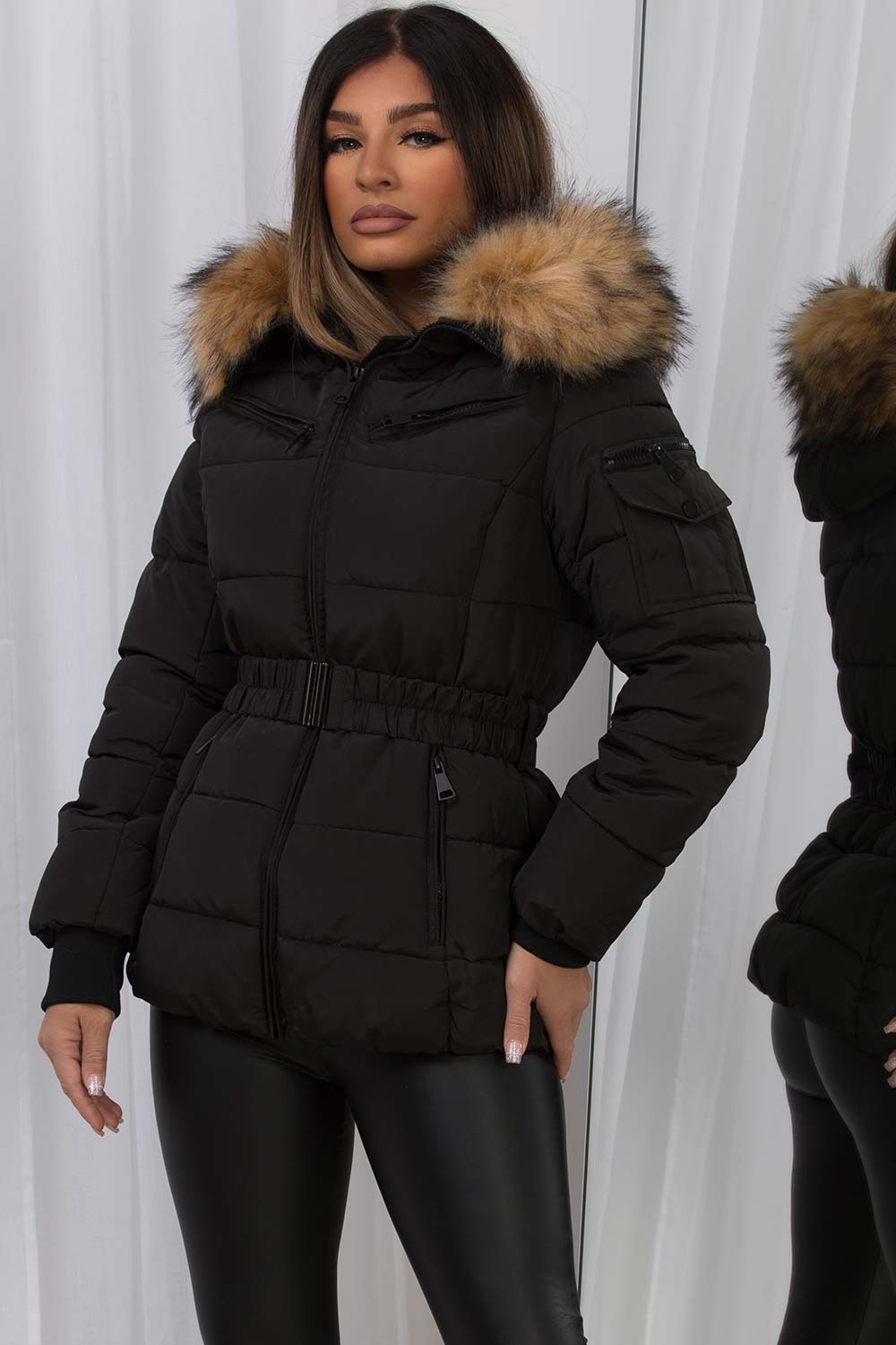 fur hood puffer jacket with belt black