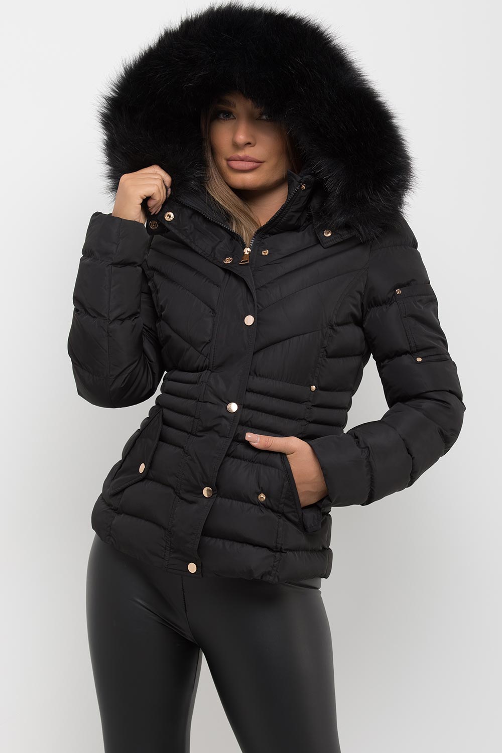 fur hood puffer coat black
