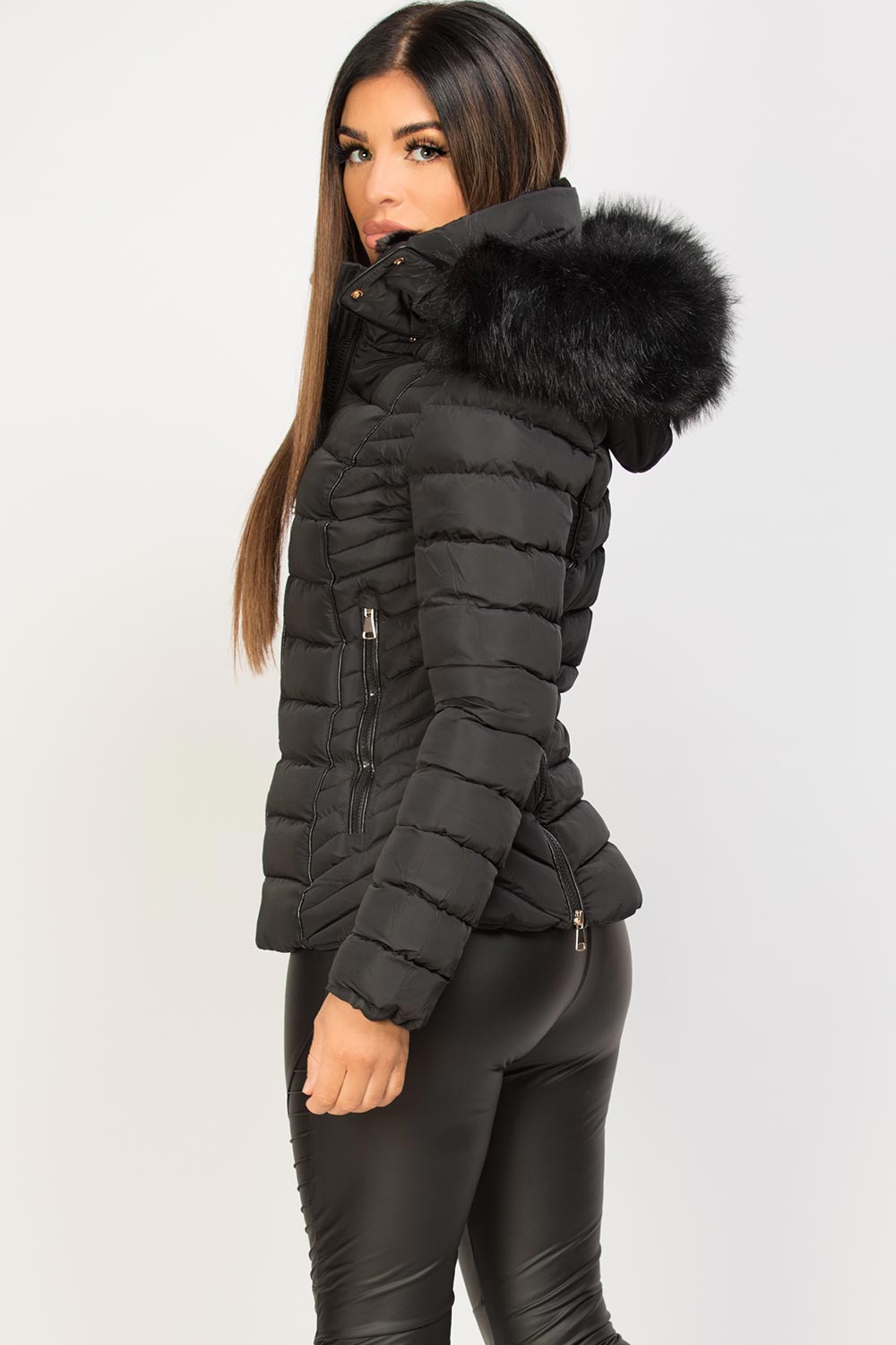 faux fur hood black puffer jacket