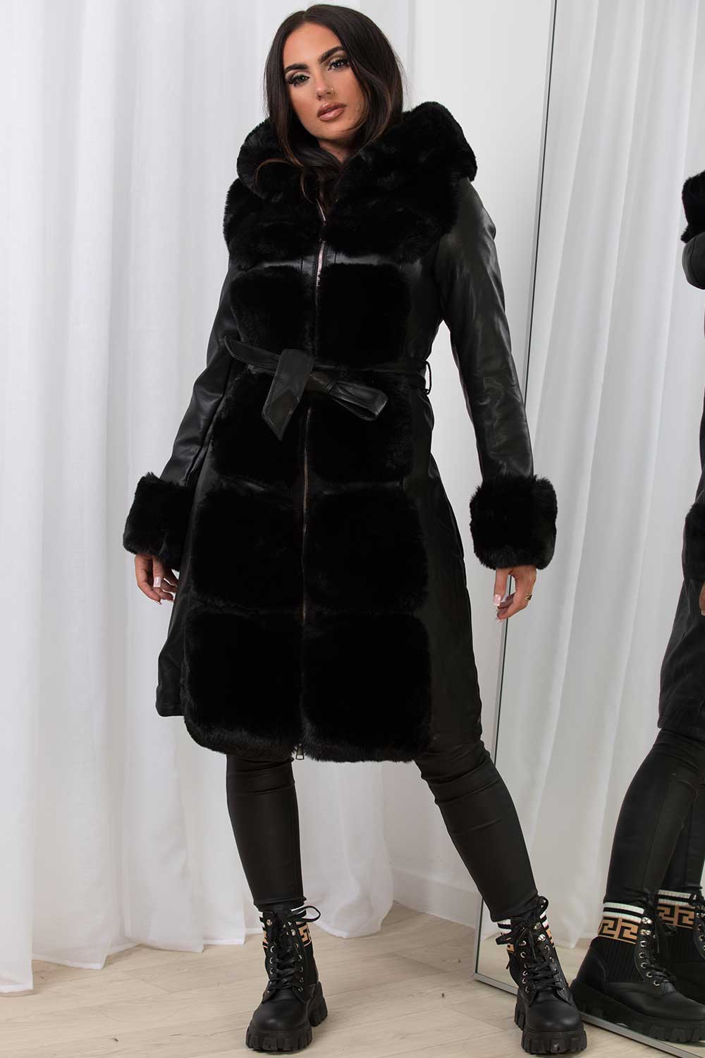 faux leather faux fur hooded jacket with belt