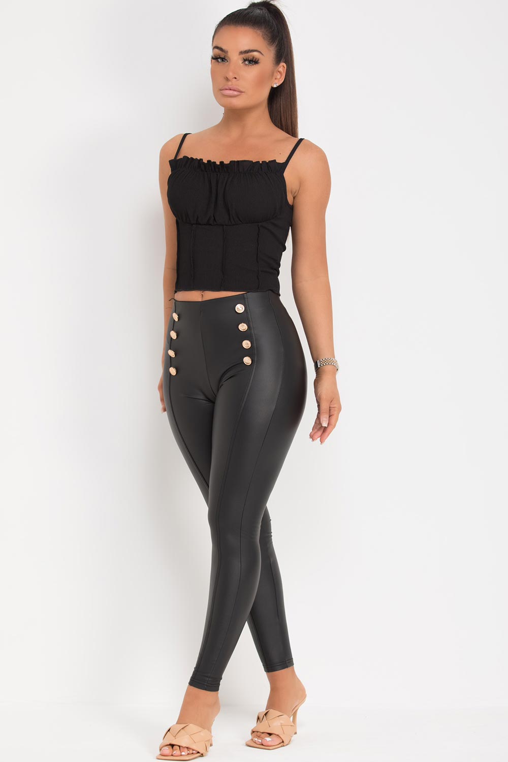 gold button pu leggings high waisted