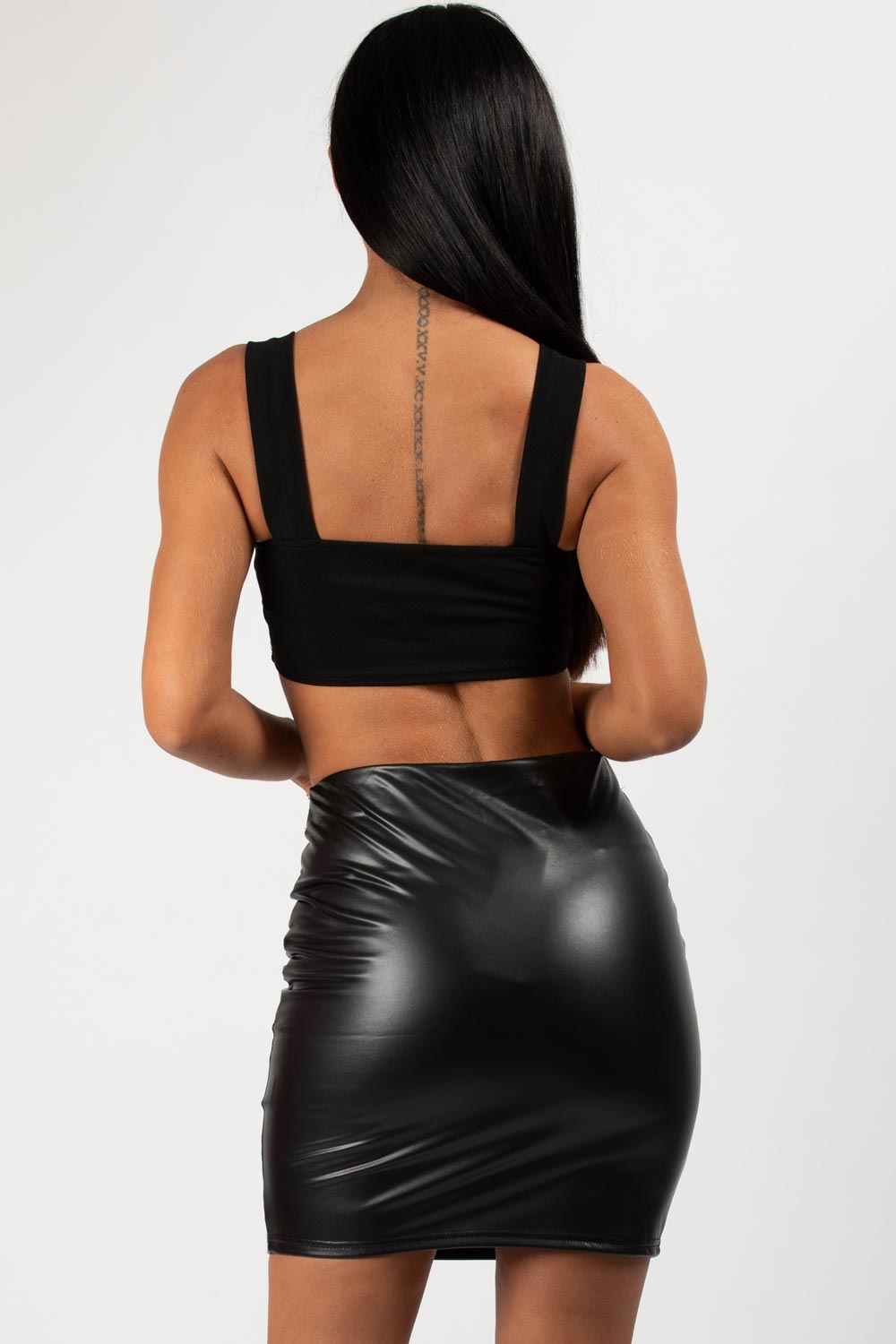 Black Vegan Leather Mini Skirt With Gold Button Detail