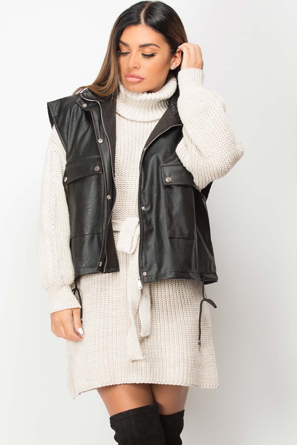 beige cowl neck jumper dress