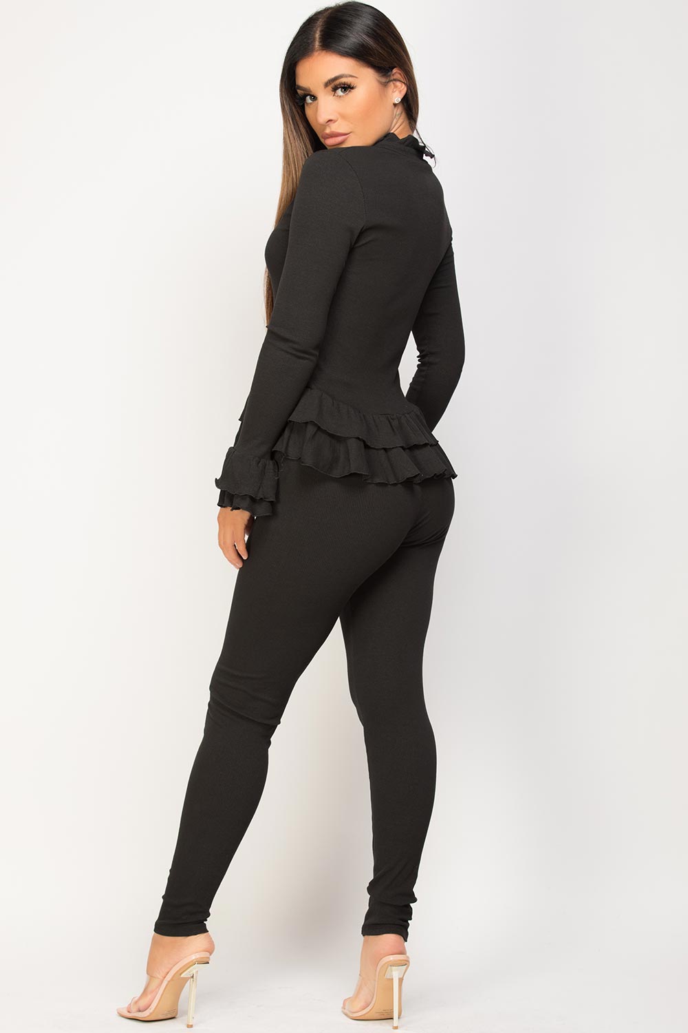 black frill button front lounge set