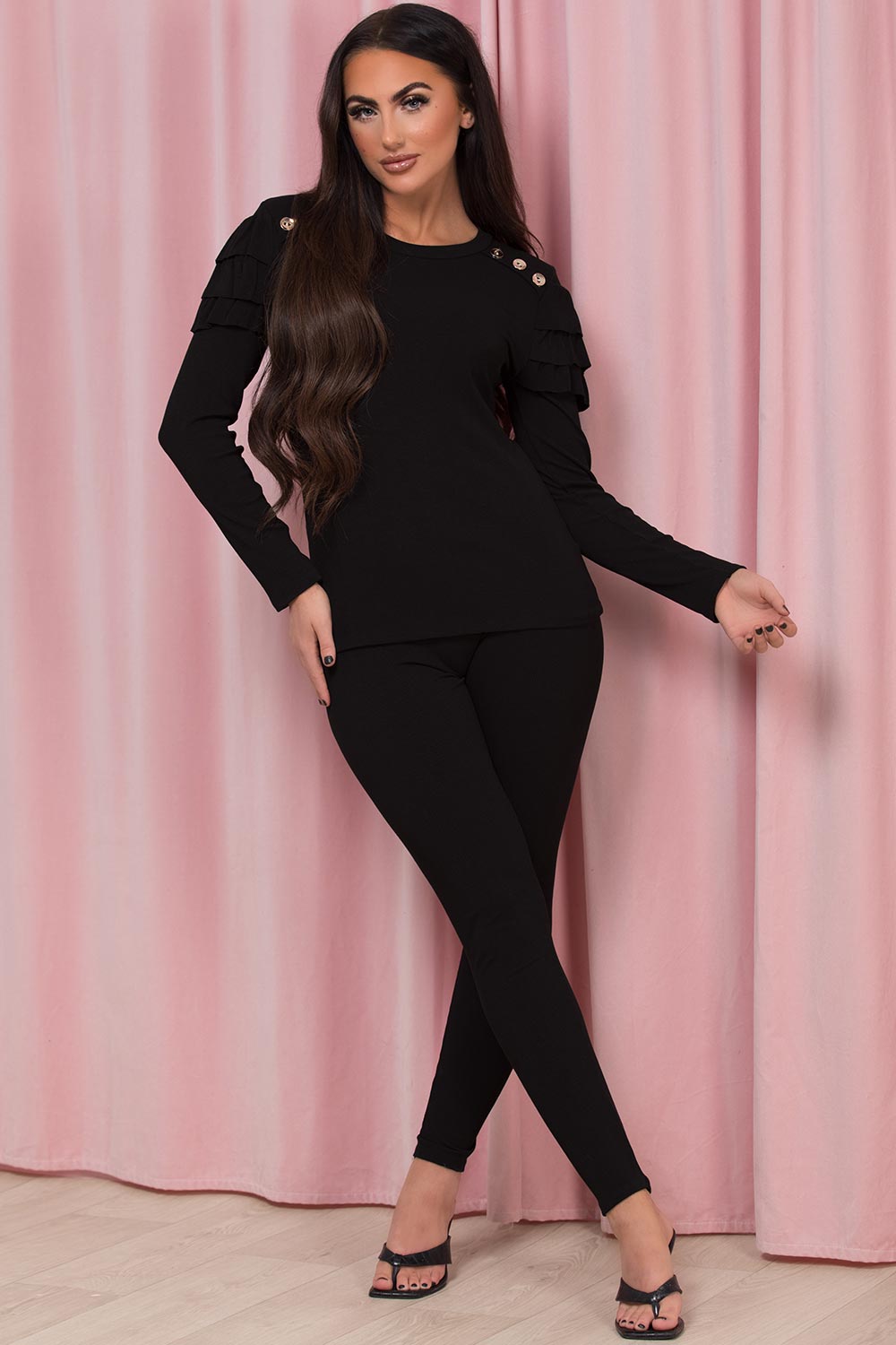 black frill shoulder gold button ribbed loungewear set