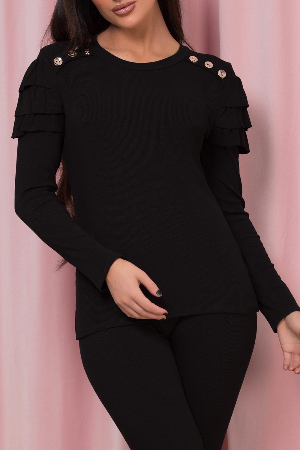 frill shoulder gold button loungewear set black