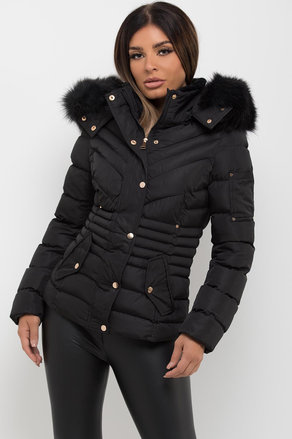womens black puffer coat with fur hood