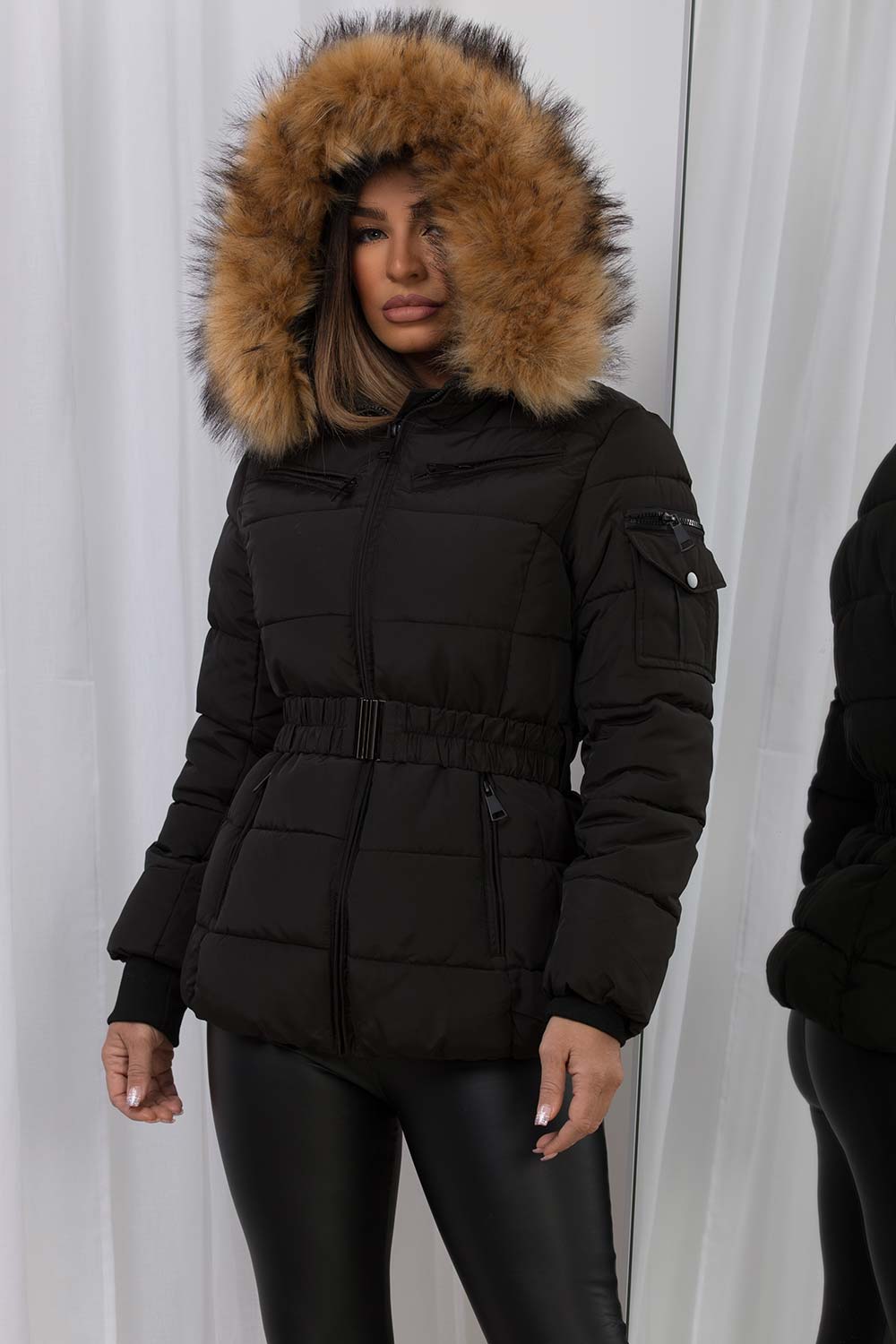faux fur hood puffer jacket with belt