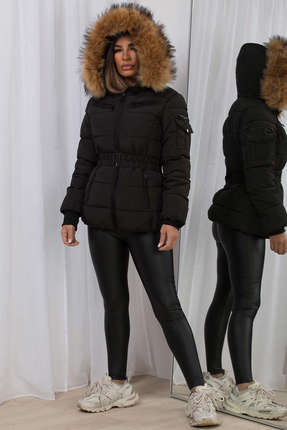 fur hood puffer jacket with belt