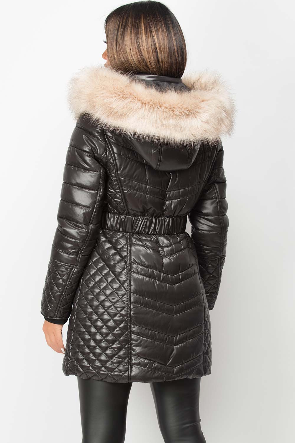 black padded puffer coat with fur hood