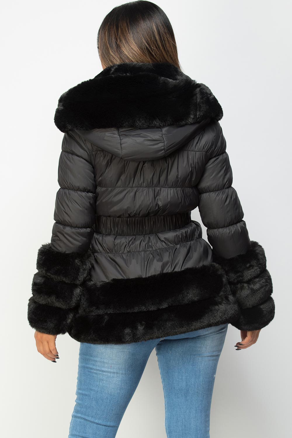 black fur trim hooded puffer jacket