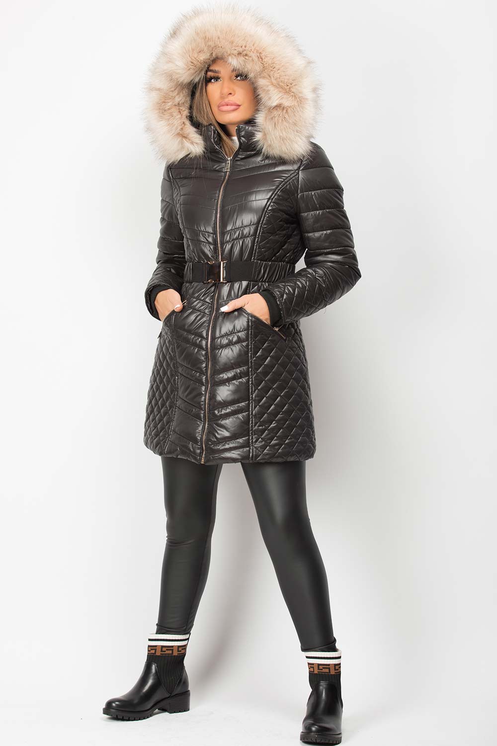 black puffer jacket with faux fur hood