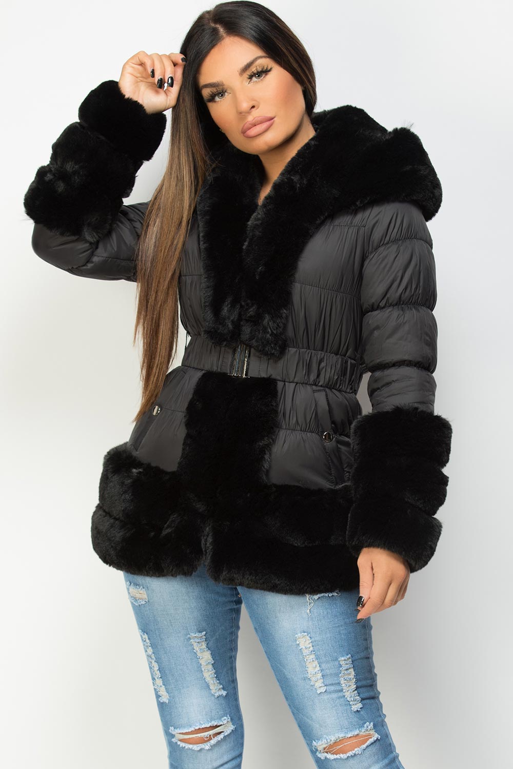 fur trim down jacket black