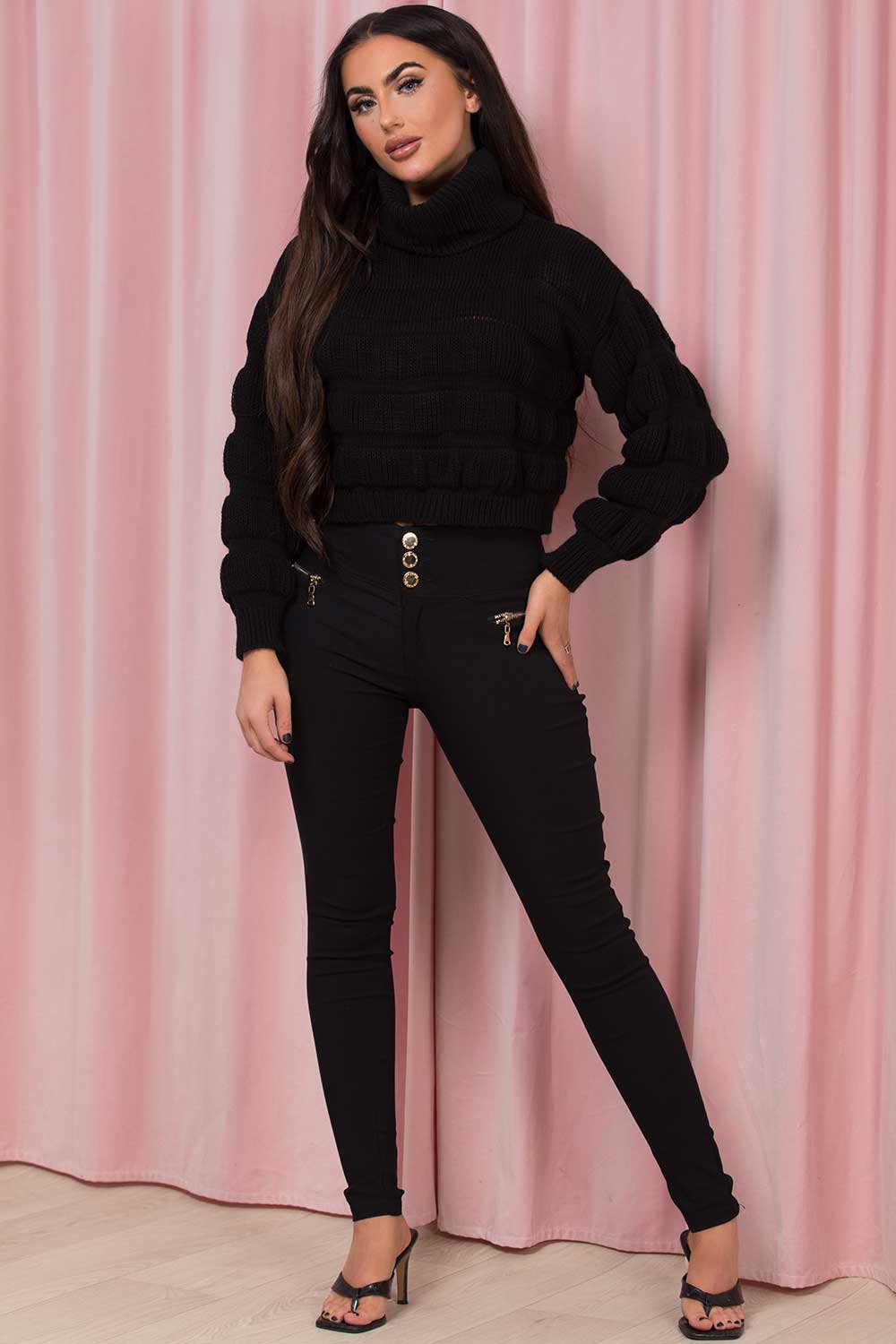 black bubble knit roll neck jumper