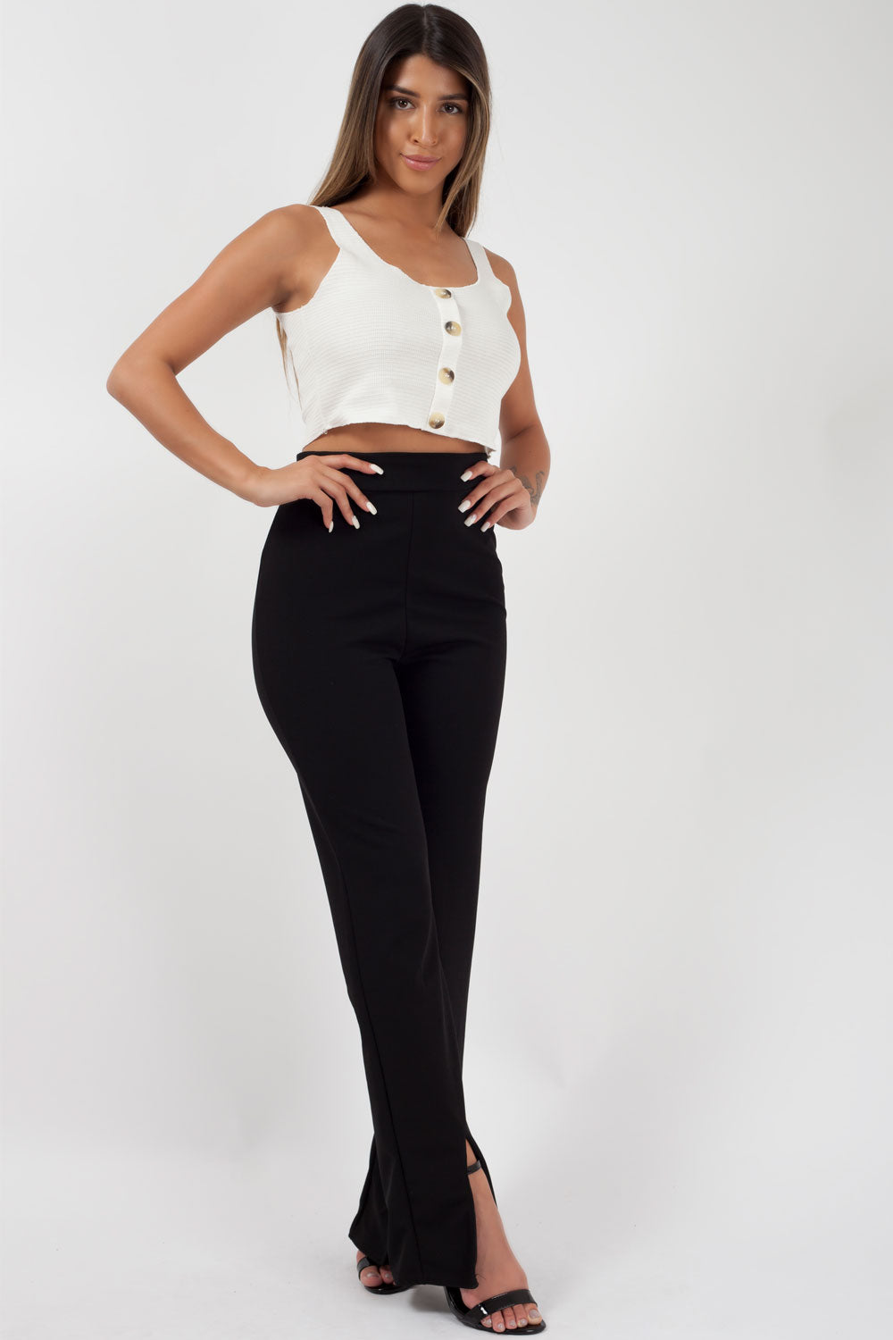 black split front flared trousers styledup fashion