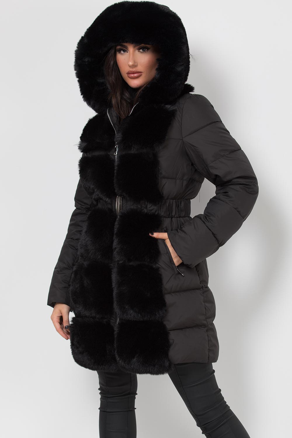 womens long puffer coat with faux fur hood and trim