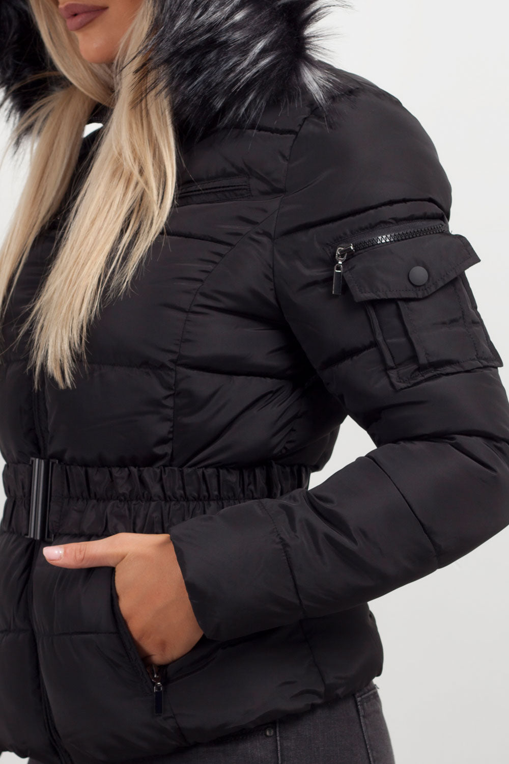 black chunky faux fur hooded coat