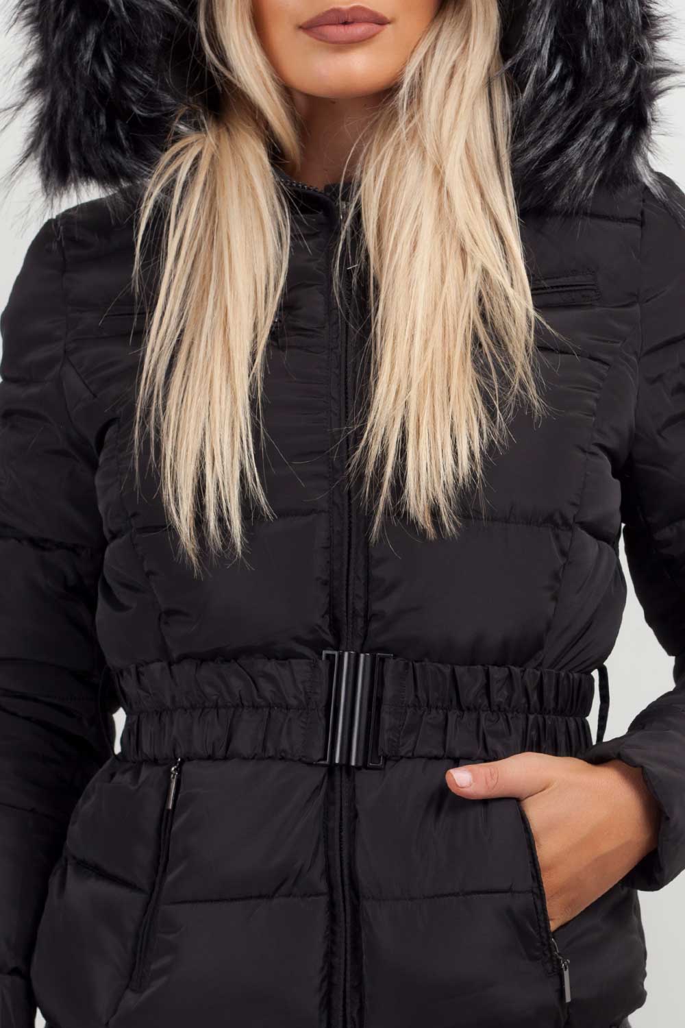 puffer jacket with fur hood black