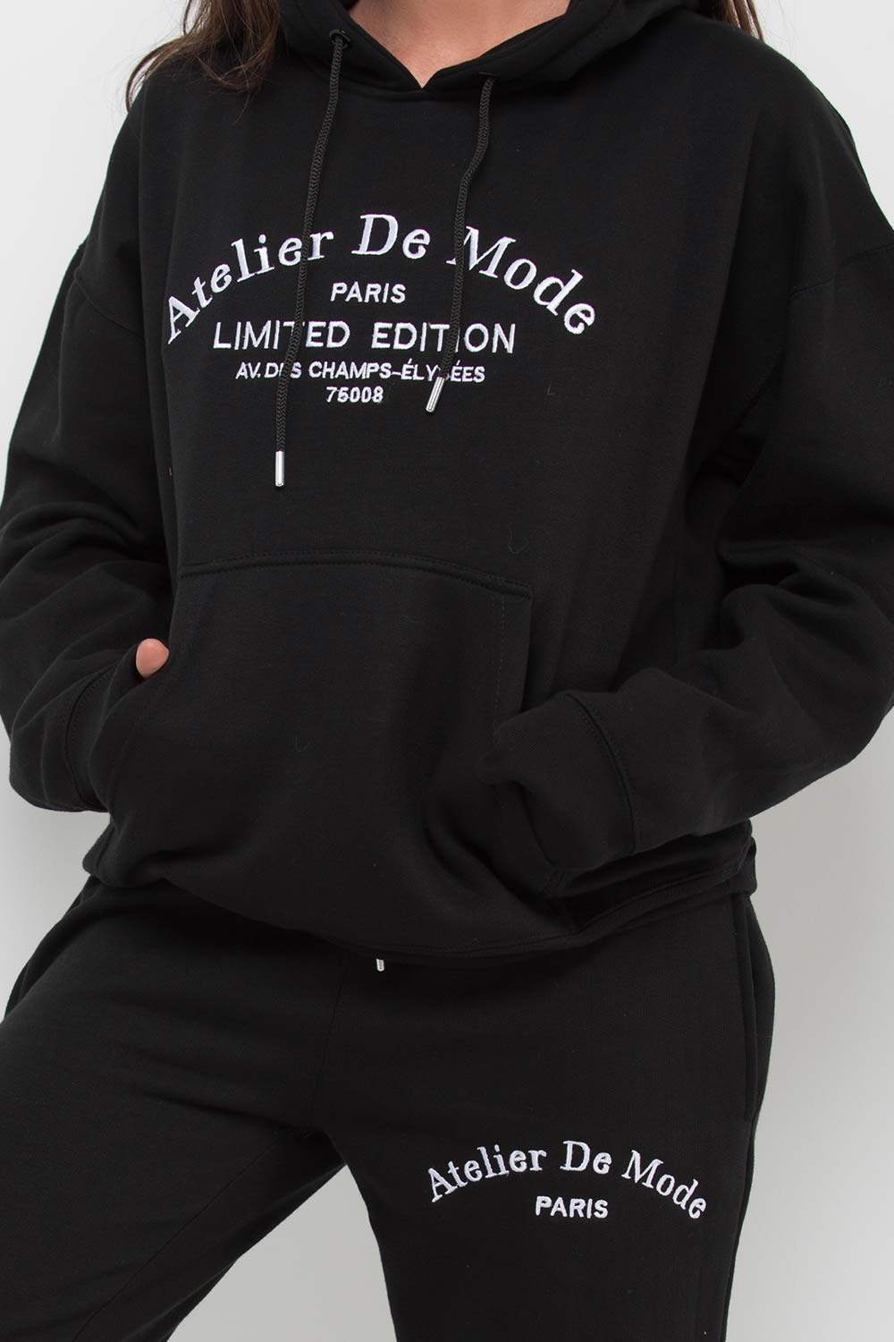 black hoodie and joggers loungewear set womens
