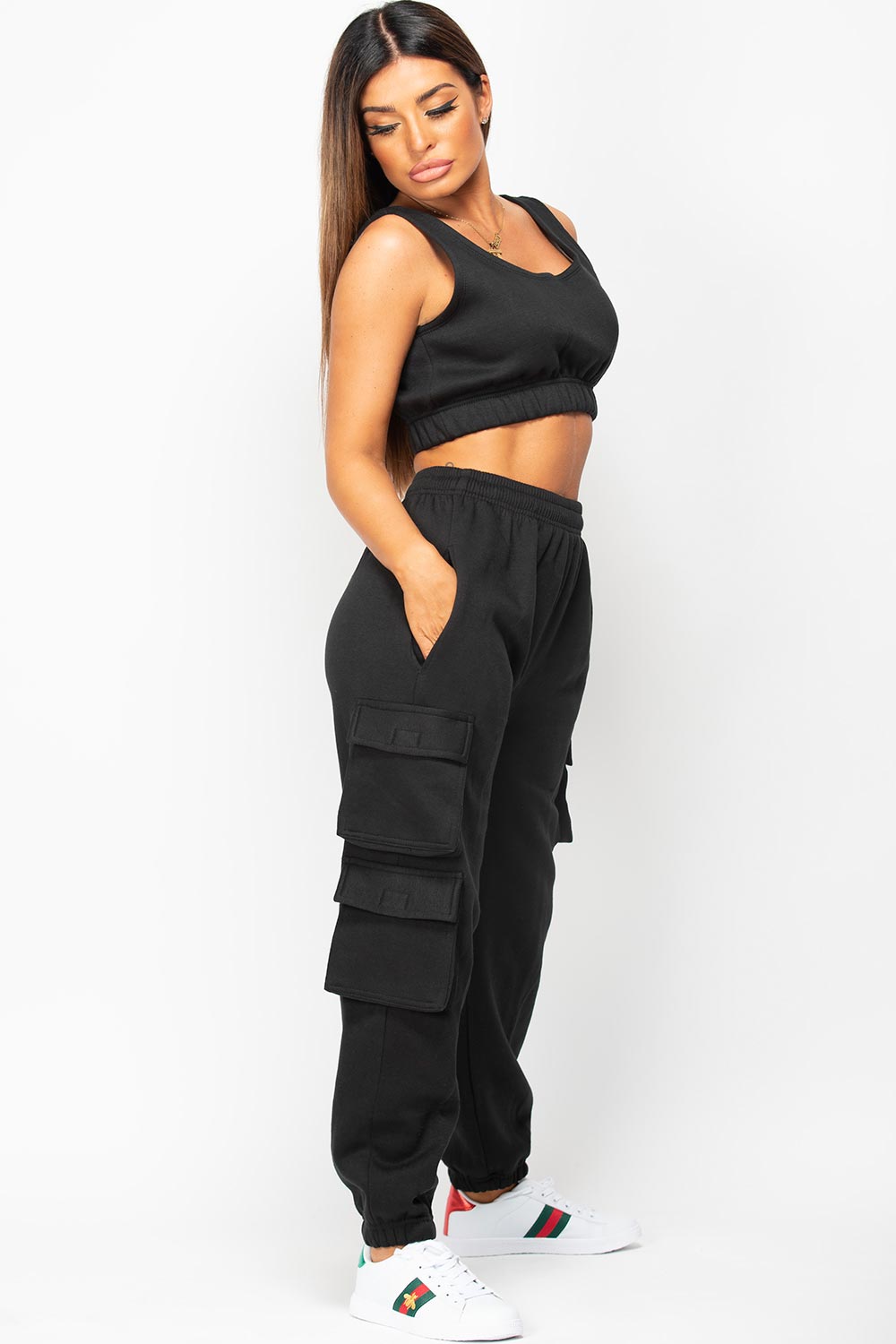black joggers and crop top set