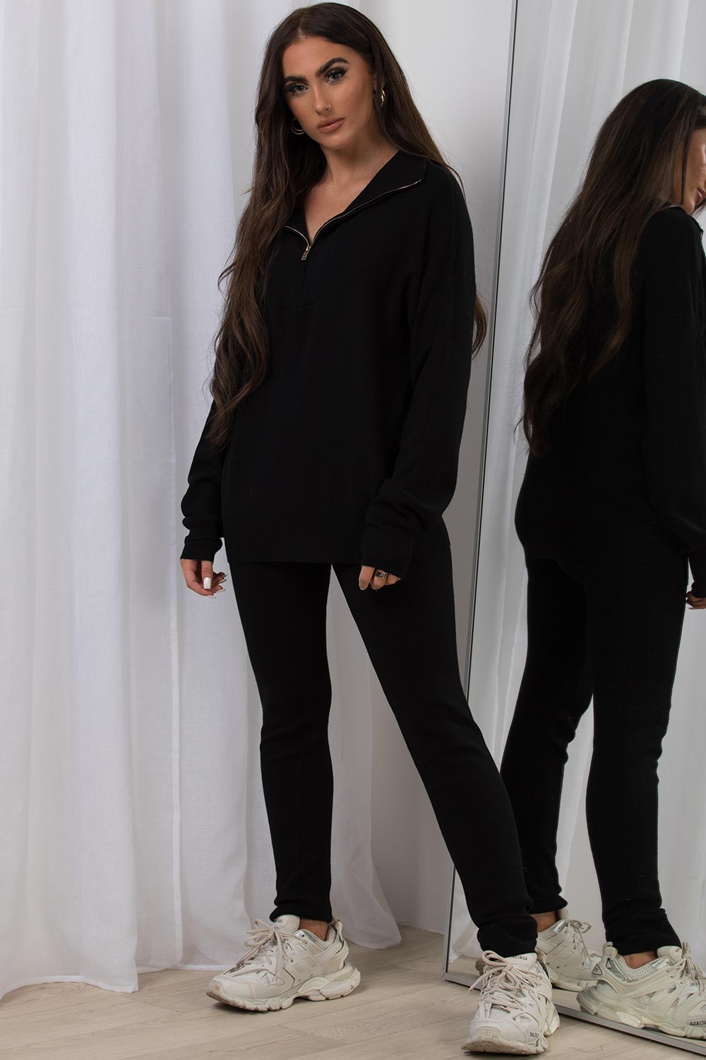 womens half zip knitted jumper and leggings co ord set black