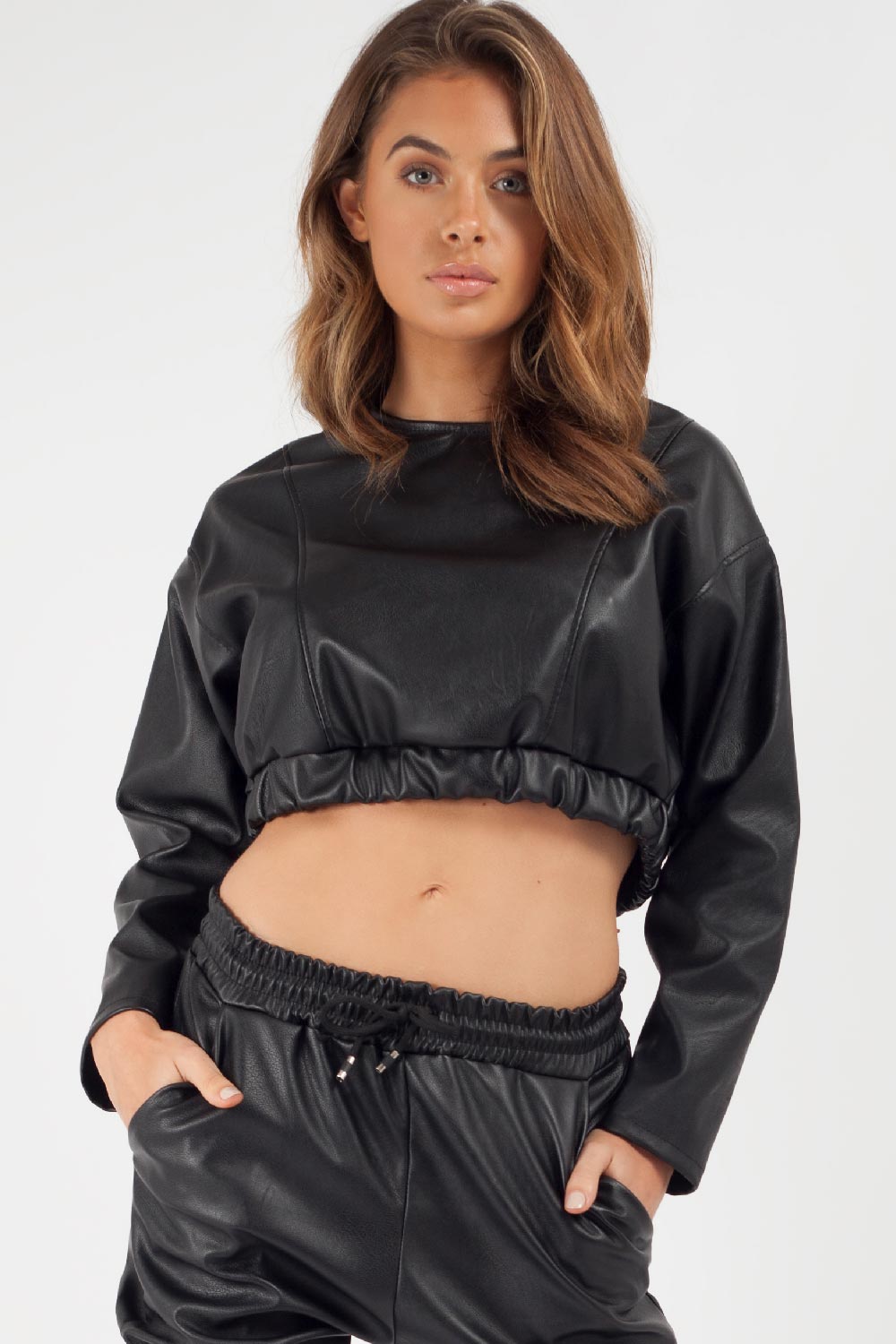 pu long sleeve crop top black