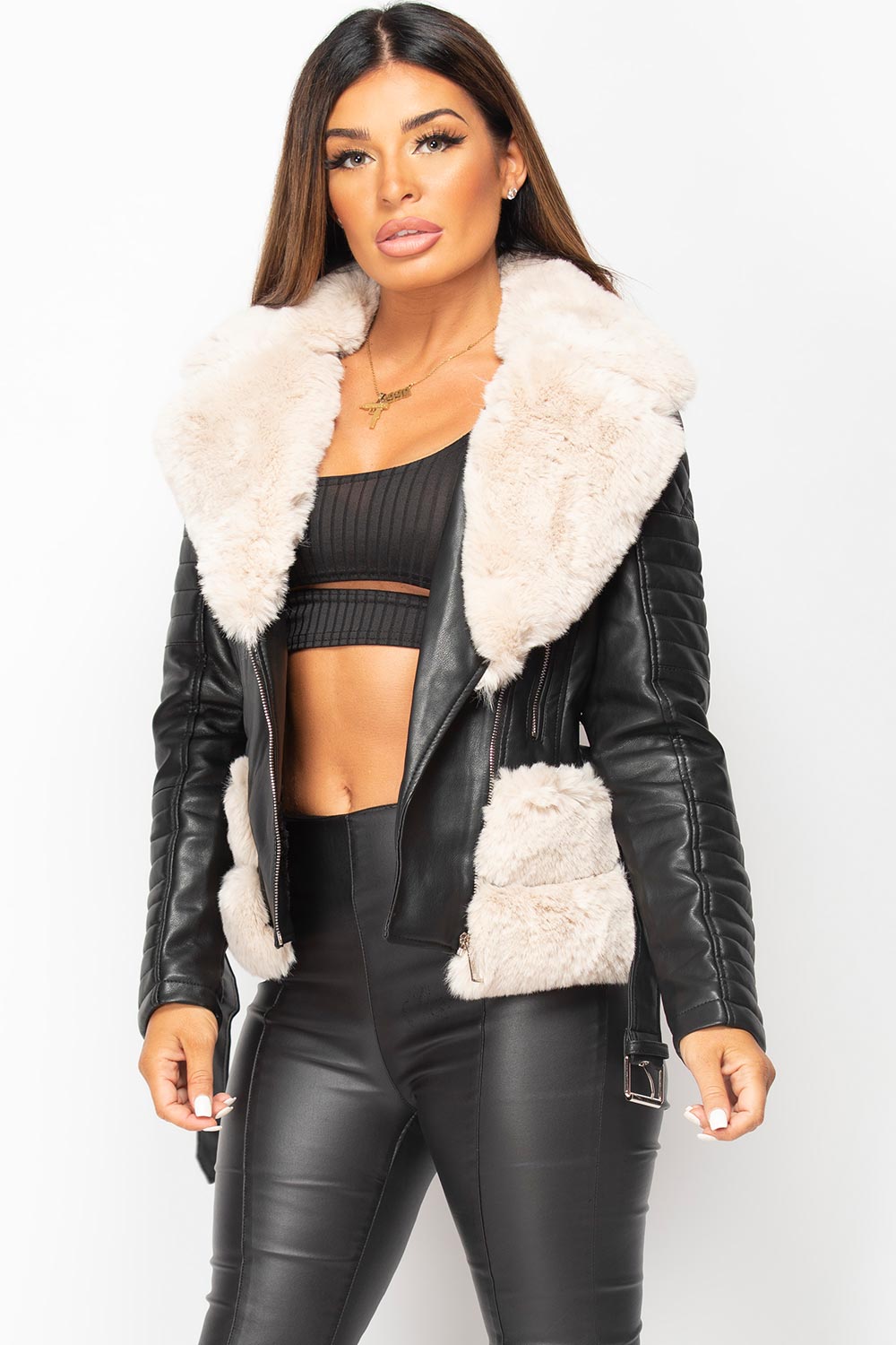 faux leather short belted jacket