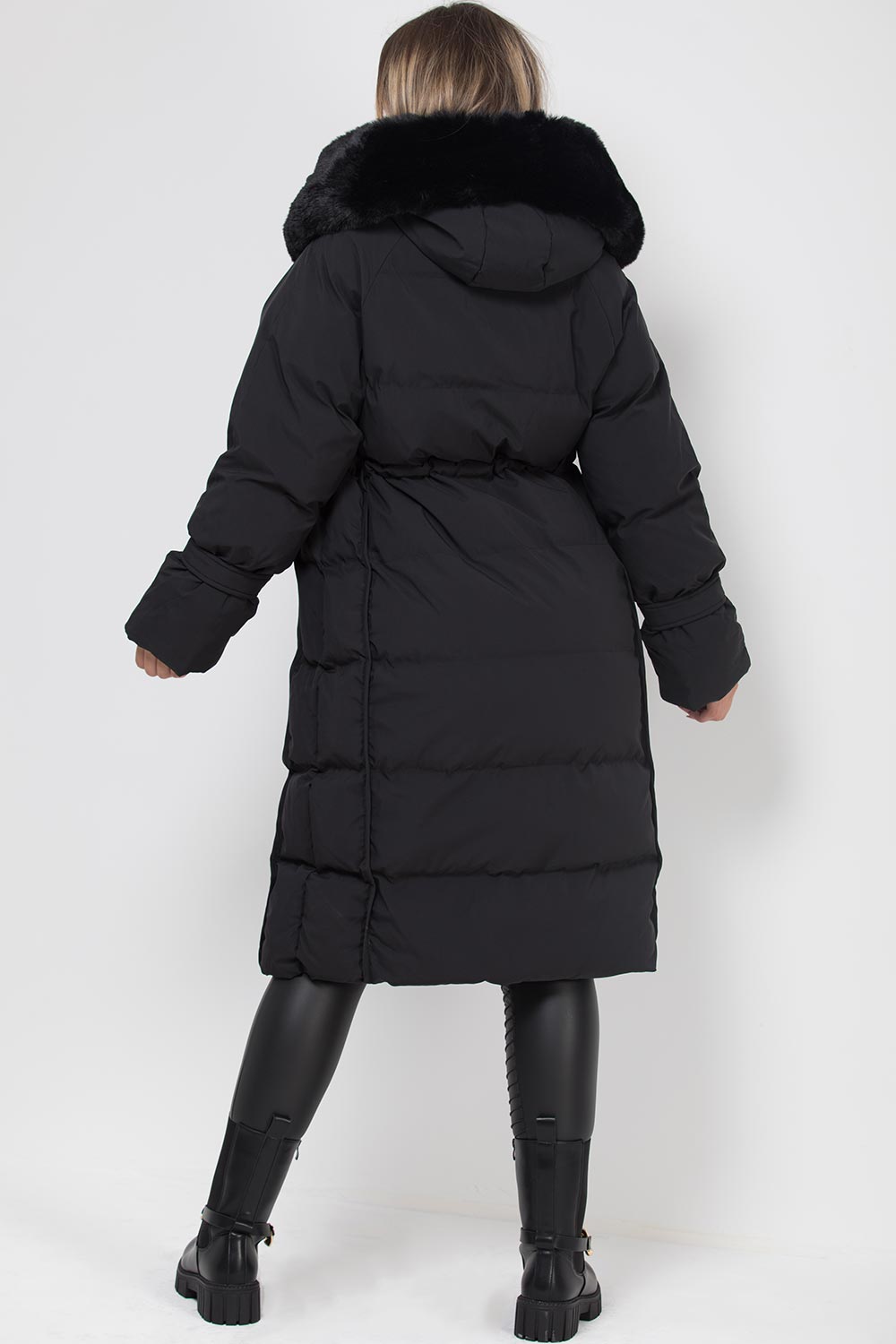 long duvet puffer coat with faux fur hood black