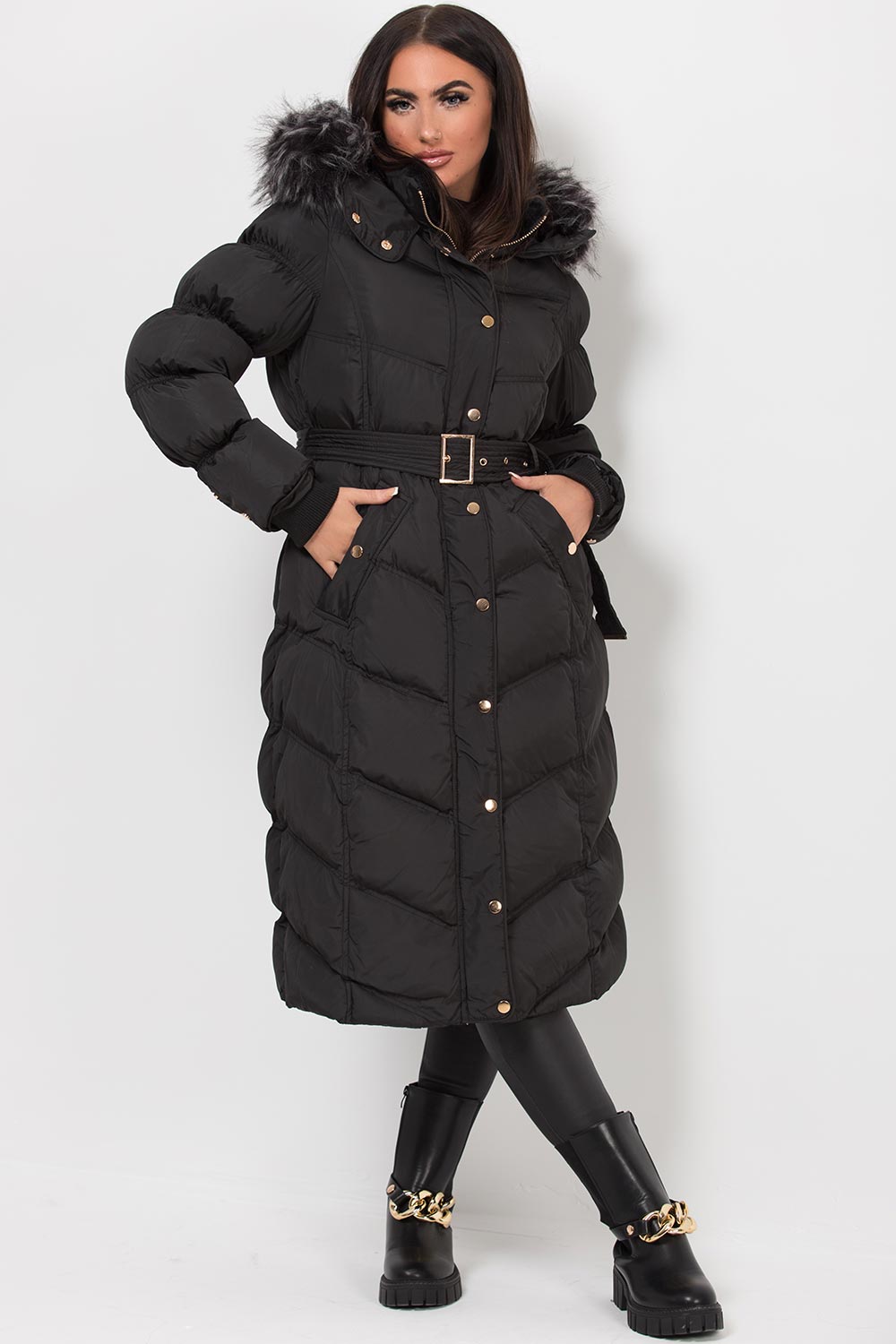 womens long padded puffer coat with belt