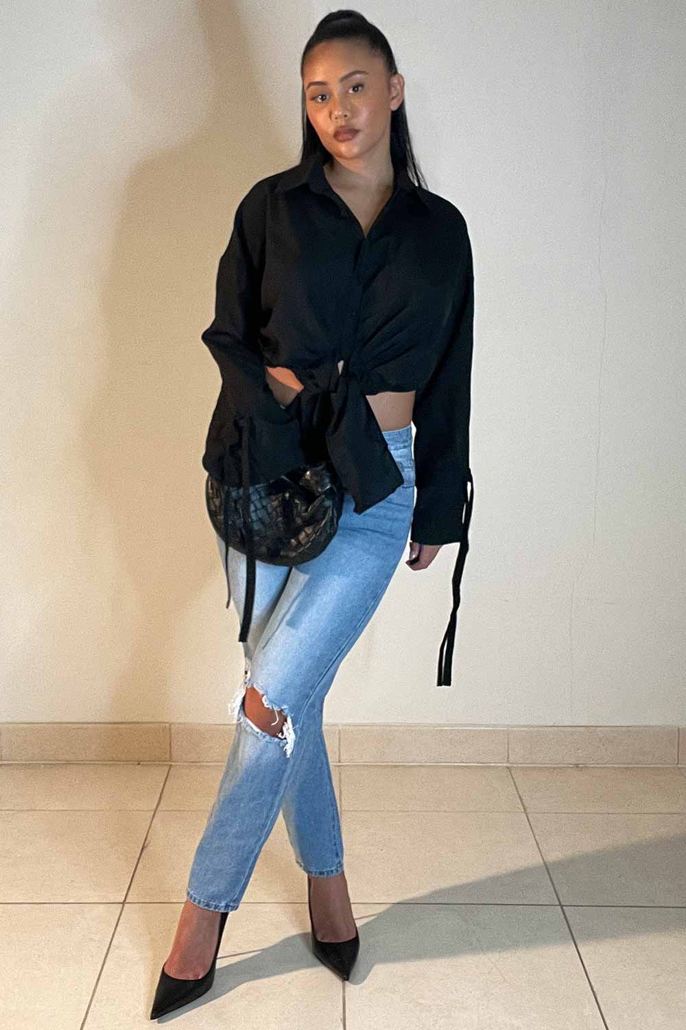 long sleeve tie front shirt womens