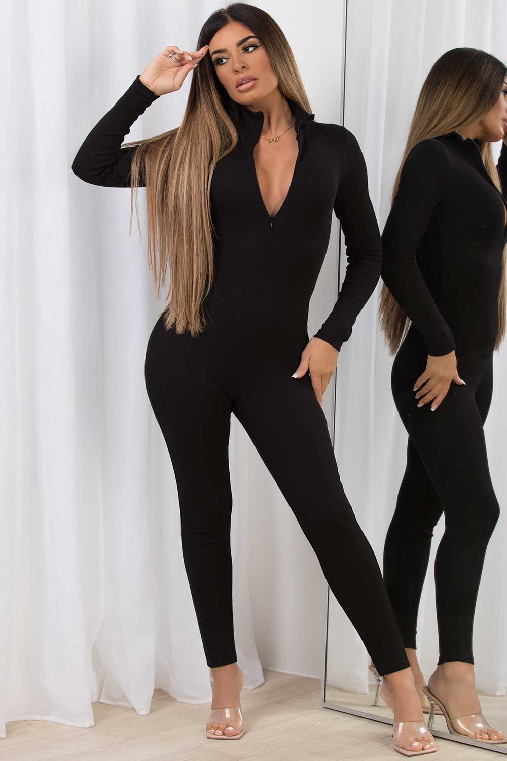 long sleeve rib zip front unitard