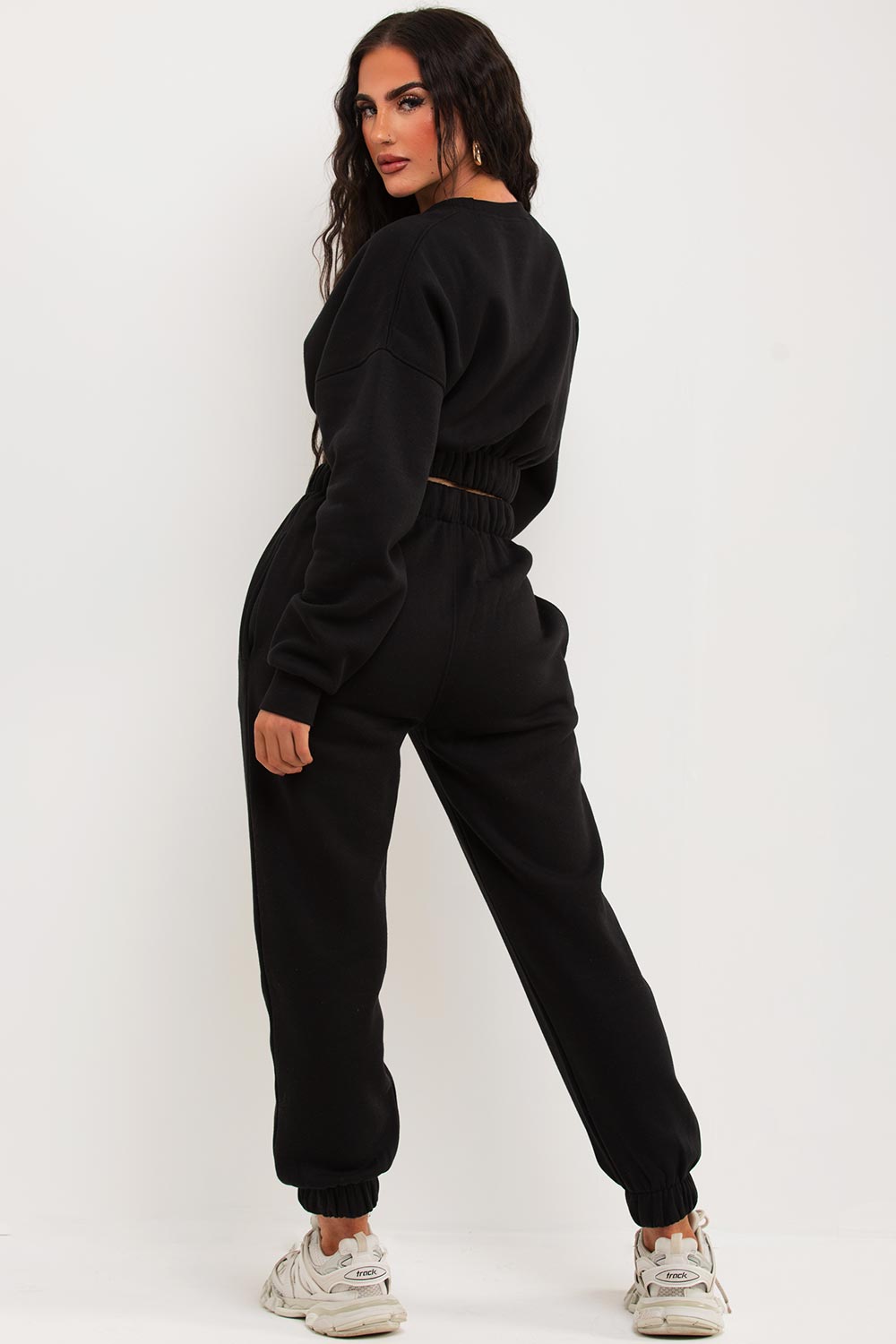 black crop sweatshirt and joggers co ord lounge set