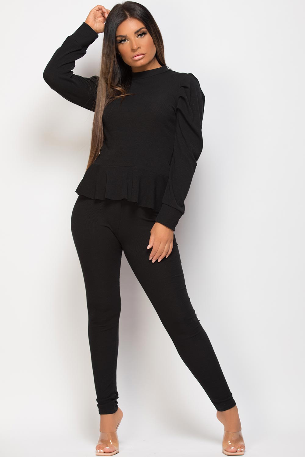 black lounge set with peplum hem