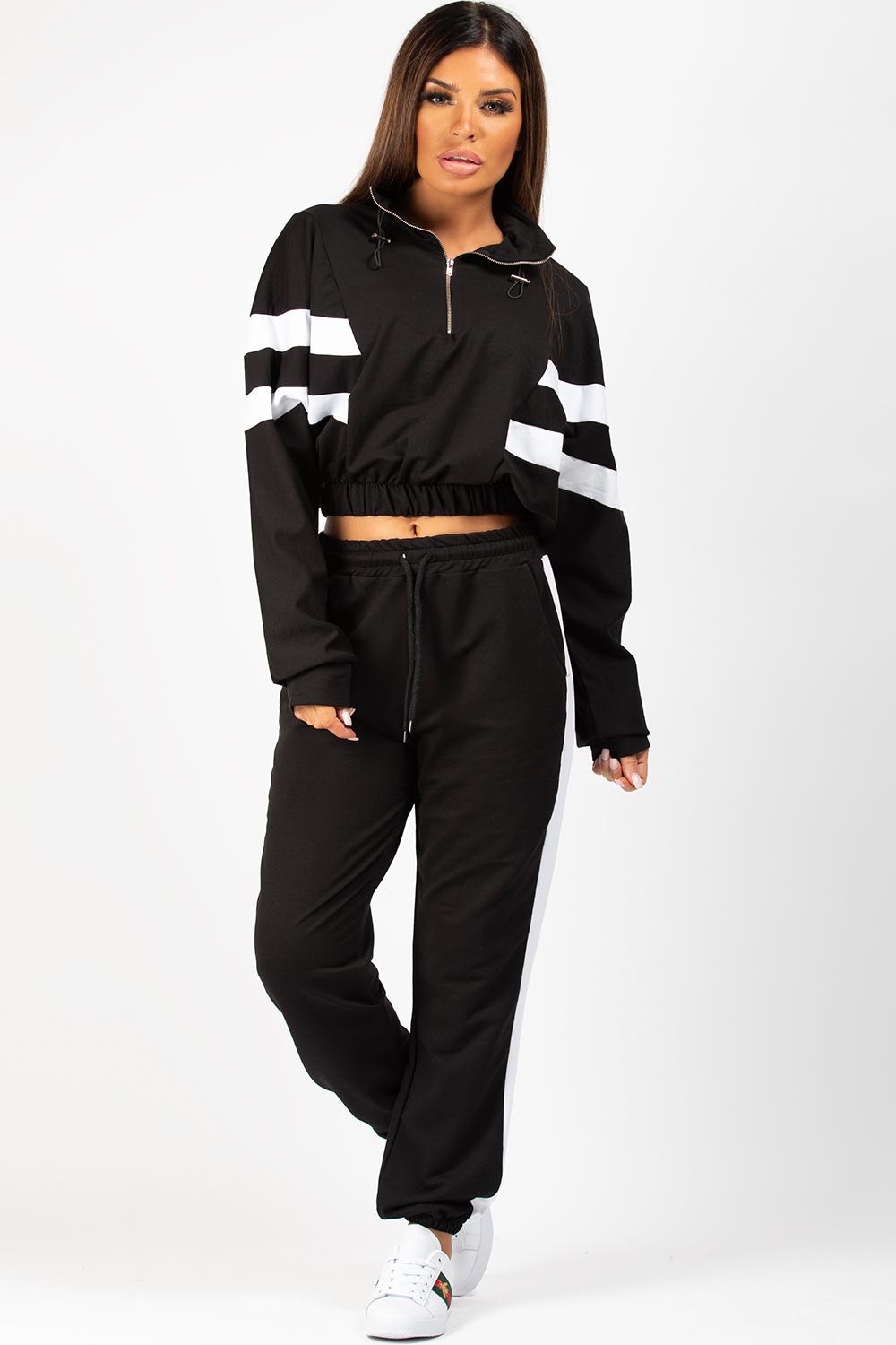 black and white striped cropped sweatshirt and joggers set