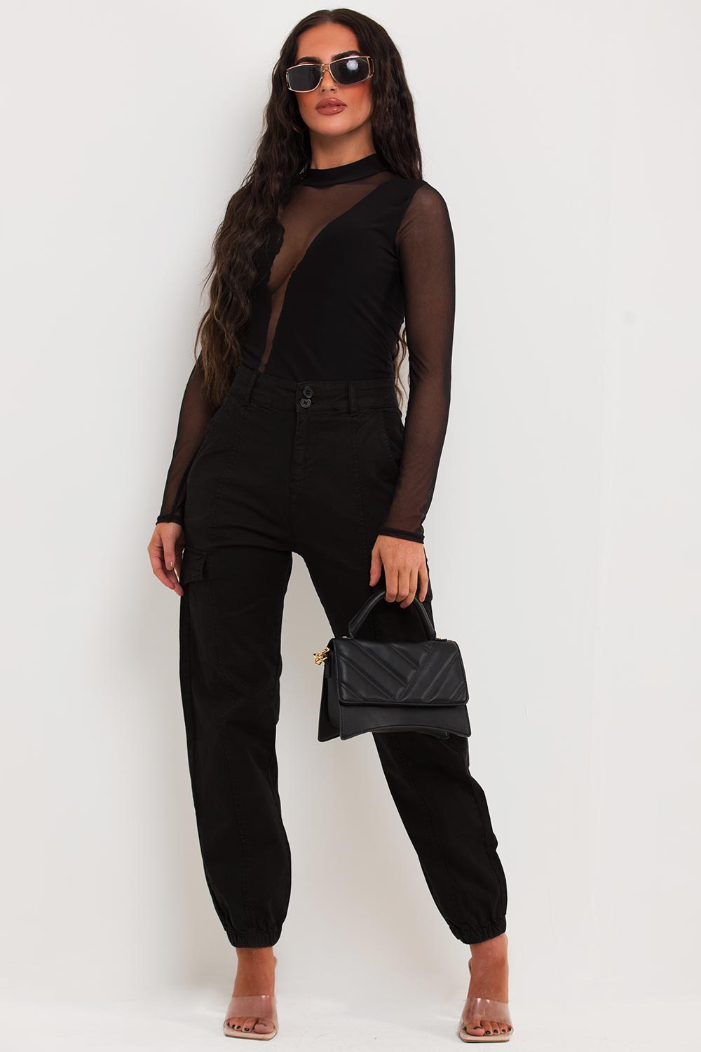 long sleeve mesh panel bodysuit top uk