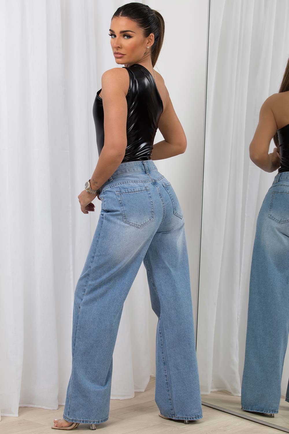 black shiny metallic one shoulder bodysuit top